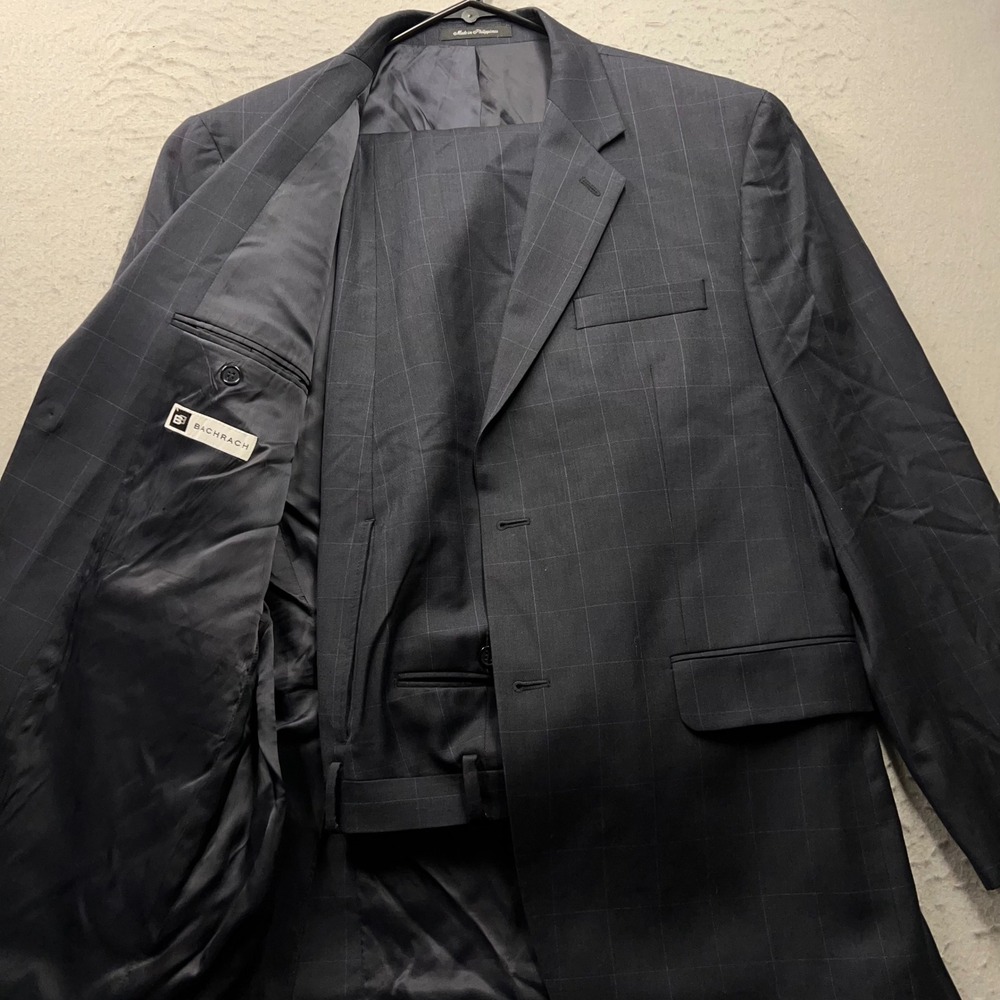 Bachrach‎ Mens 2 Piece Suit 42R 35x29 Wool Windowpane Navy Pleated Cuffed